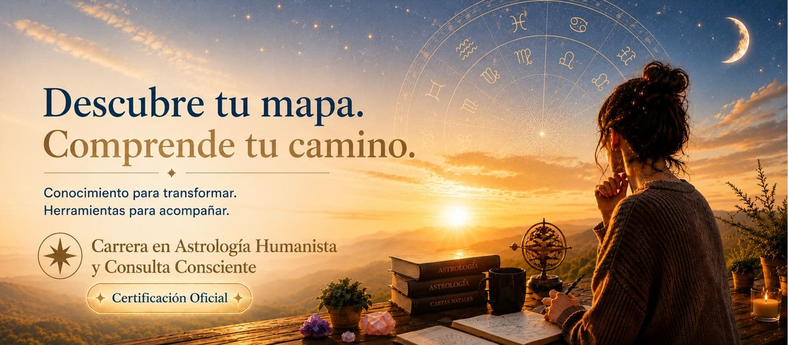 Descubre tu mapa. Comprende tu camino — Carrera en Astrología Humanista y Consulta Consciente.