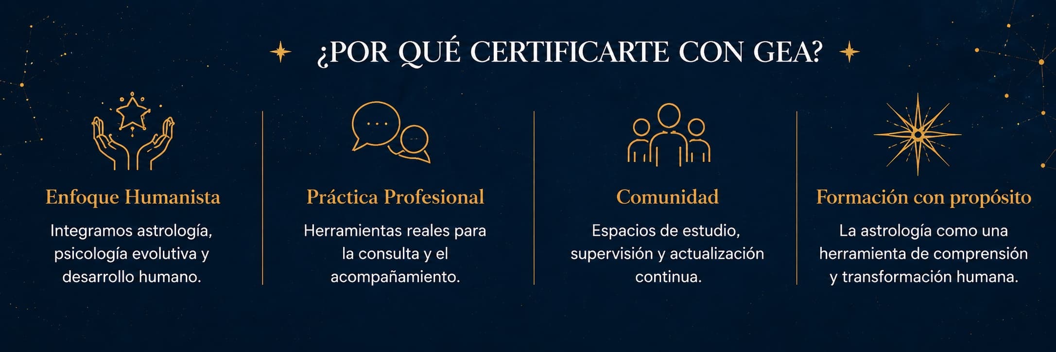 ¿Por qué certificarte con GEA? Cuatro pilares: enfoque humanista, práctica profesional, comunidad y formación con propósito.