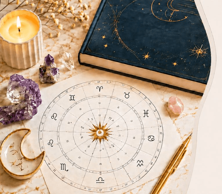 Composición astral: libro de astrología, carta natal, cristales de amatista y cuarzo, vela y luna dorada.