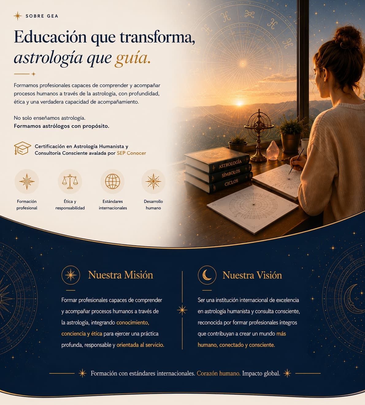 Hero del Instituto GEA: Educación que transforma, astrología que guía. Astróloga observando el atardecer entre libros, certificación SEP Conocer, Nuestra Misión y Nuestra Visión sobre fondo navy con constelaciones.
